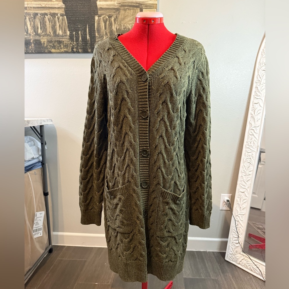 d & co. denim + company Olive Green Cable Knit Cardigan Sweater size Medium
